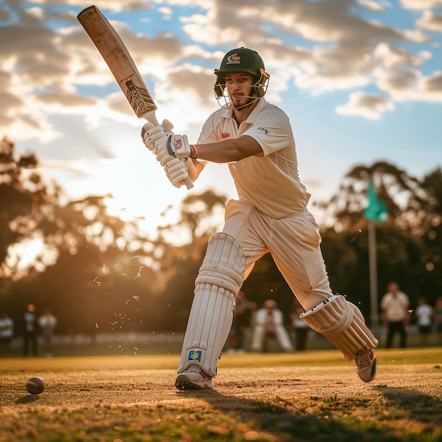 Cricket-Spieler in Aktion auf dem Stadion warmes Licht dramatische fotorealistische Bilder