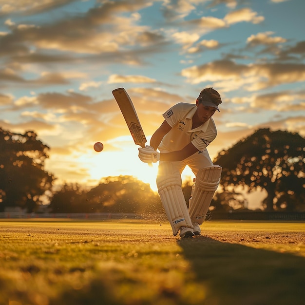 Cricket-Spieler in Aktion auf dem Stadion warmes Licht dramatische fotorealistische Bilder