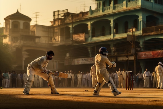 Cricket-Team beim Schlagen und Feldspielen während des Spiels. Generative KI