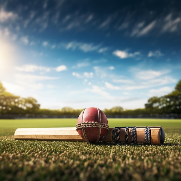 Cricketball und Schläger auf grünem Feld mit blauem Himmelshintergrund