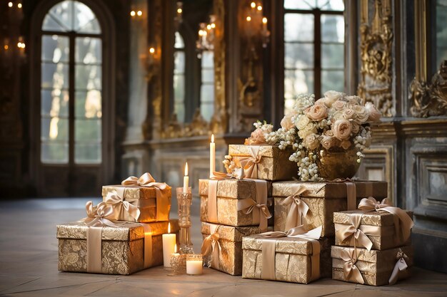 Foto crie caixas de presente com arcos bege, rosas e velas no interior antigo generative ai