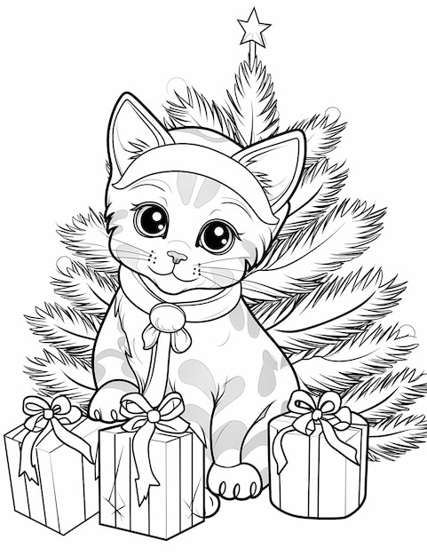 Desenho de lindo gato de natal para colorir