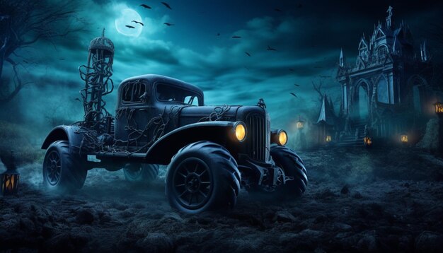 Foto crie um caminhão monstro assustador com um tema de casa assombrada ou cemitério adicione figuras fantasmagóricas lápides e efeitos de iluminação assustadores para dar-lhe um aspecto assombrado e misterioso 3