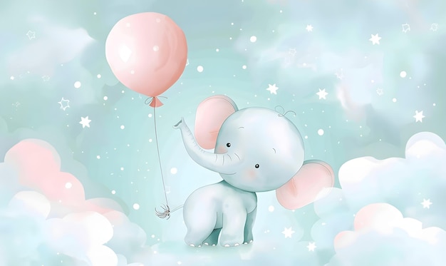 Crie um clip art bonito de um bebê elefante segurando um balão em cores pastel