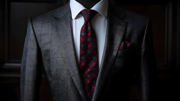 Crie um conjunto de roupas de trabalho elegante e funcional para homens, combinando um terno bem ajustado, uma gravata estampada e uma camisa clássica Generative Ai