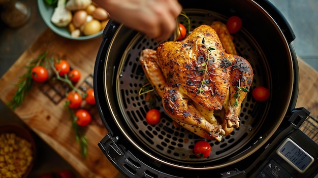 Crie um delicioso prato de frango assado com guarnição usando uma frigideira de ar na cozinha