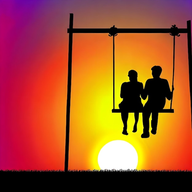 Crie um gráfico vetorial de um casal sentado em um baloiço contra um fundo de pôr-do-sol vibrante