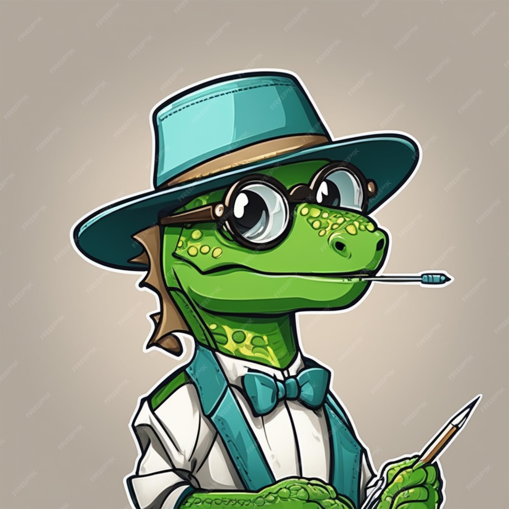 Personagem de desenho animado de um lagarto com óculos e chapéu