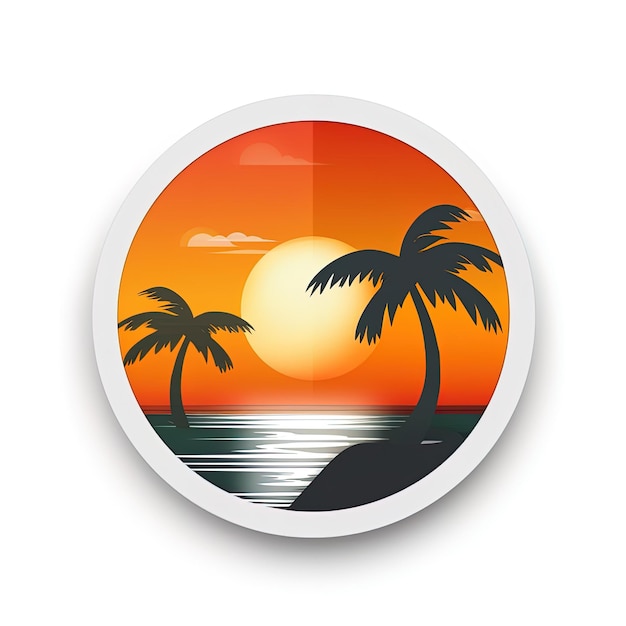 Crie um minimalista adequado para uso como um ícone de site ou logotipo em fundo branco Motivo do nascer do sol em uma praia tropical com coco Generative AI