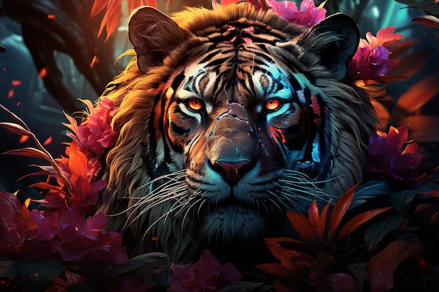 crie um tigre realista de arco-íris colorido com uma IA de luz neon gerada