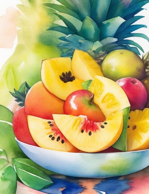 Crie uma aquarela vibrante e colorida de uma fruteira tropical transbordando de manga