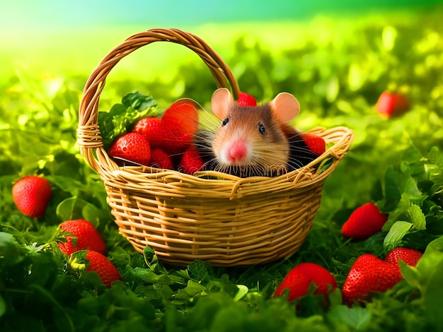 Crie uma imagem do rato bonito saindo do cesto e correndo para longe em uma pressa para escapar do destino