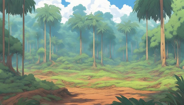 Crie uma imagem gerada por IA de uma plantação de óleo de palma na Indonésia mostrando os campos verdes exuberantes e