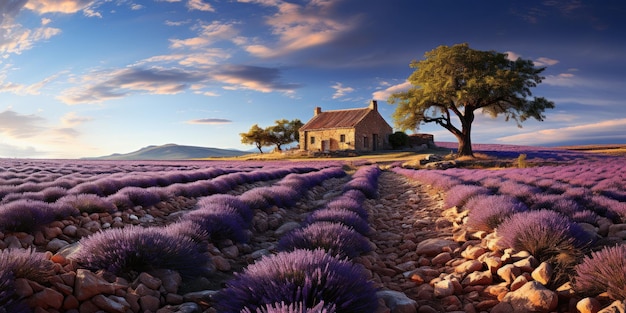 Crie uma imagem impressionante dos pitorescos campos de lavanda da Provença