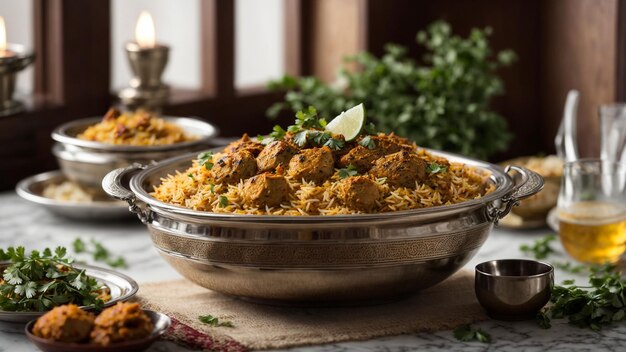 Crie uma imagem visualmente deslumbrante de um tradicional indiano Chicken Biryani mostrando o intrincado