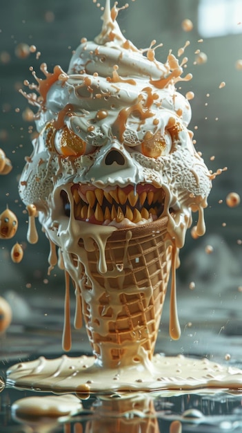 Crie uma manipulação fotográfica surrealista de um cone de sorvete derretendo transformando-se em um monstro