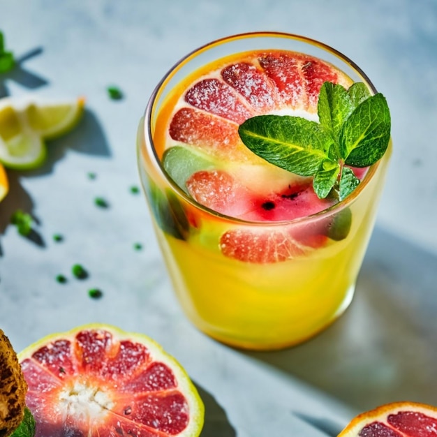 Crie vermelhos frios e imagem de suco em pó amarelo com frutas verdes ao redor no vidro de vidro