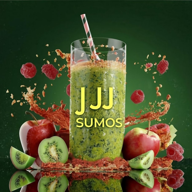 Crie vermelhos frios e imagem de suco em pó amarelo com frutas verdes ao redor no vidro de vidro