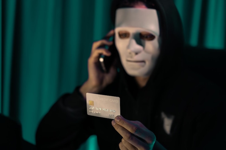 Foto el criminal de máscara blanca llama al dueño de la tarjeta de crédito para amenazar con un rescate pecuniario
