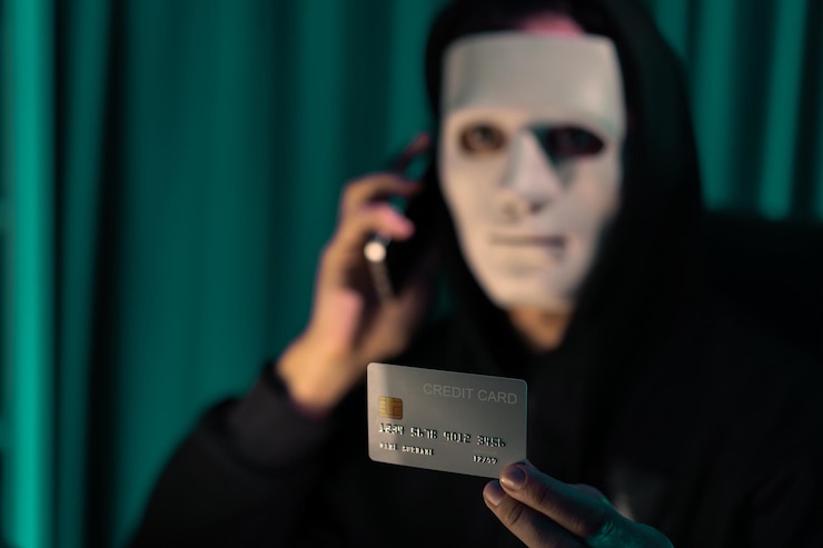 Foto el criminal de máscara blanca llama al dueño de la tarjeta de crédito para amenazar con un rescate pecuniario