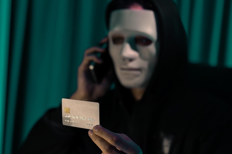 Foto un criminal de máscara blanca llamando al dueño de la tarjeta de crédito para amenazar con un rescate pecuniario