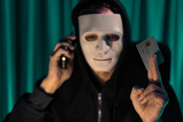 Foto un criminal de máscara blanca llamando al dueño de la tarjeta de crédito para amenazar con un rescate pecuniario