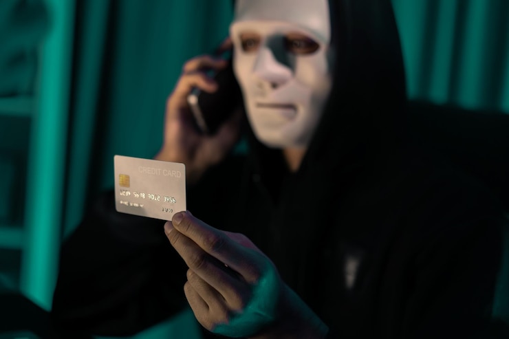 Foto un criminal de máscara blanca llamando al dueño de la tarjeta de crédito para amenazar con un rescate pecuniario