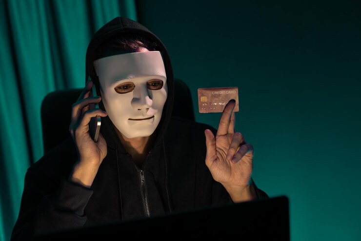 Foto un criminal de máscara blanca llamando al dueño de la tarjeta de crédito para amenazar con un rescate pecuniario