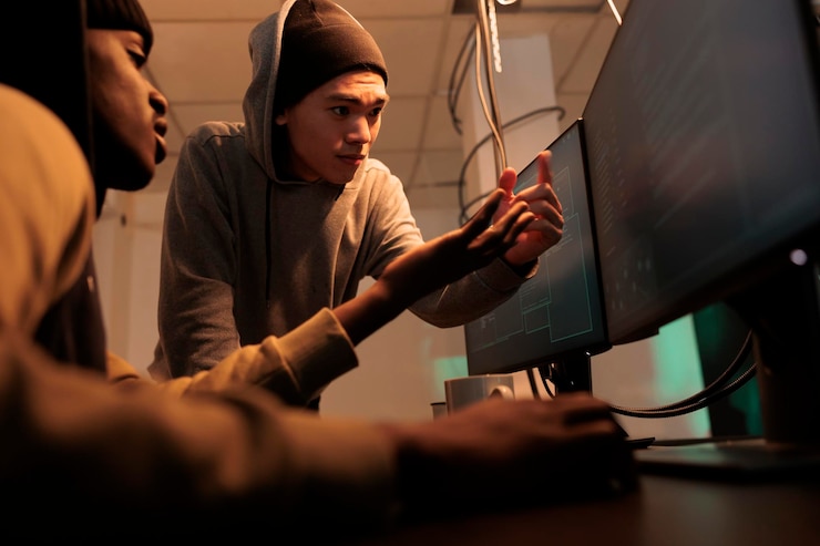 Foto criminales de internet discutiendo el hacking de sistemas informáticos y el ciberataque