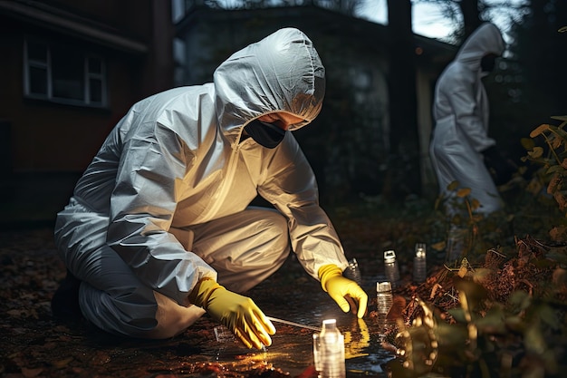 Foto criminólogo y un detective trabajando juntos en una escena del crimen generado con ia