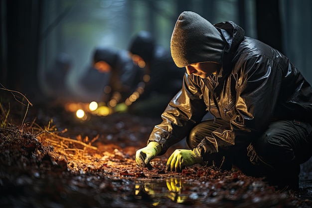 Foto criminólogo y un detective trabajando juntos en una escena del crimen generado con ia