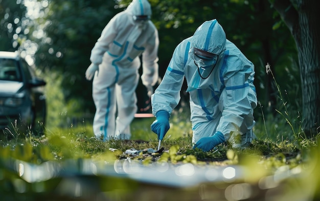 Foto criminólogo investigando crime em equipamento medidas de proteção criminólogo vestindo equipamento de proteção na cena do crime