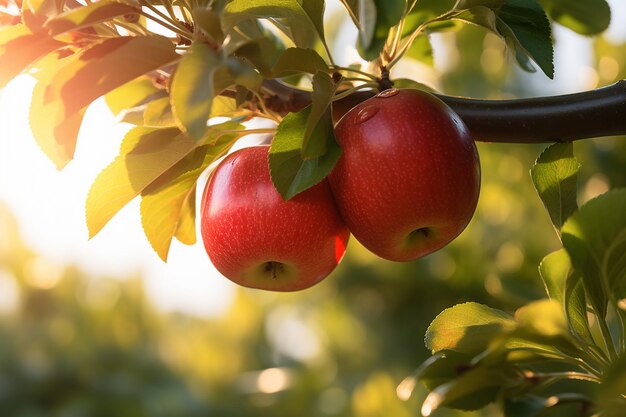Crimson Harvest manzanas rojas maduras colgando de una rama