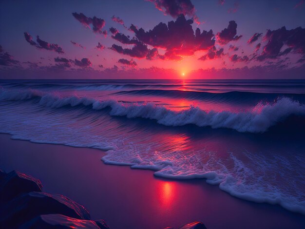 Crimson Sonnenuntergang am Ufer des Ozeans In der Ferne kann man die Sonne am Horizont untergehen sehen