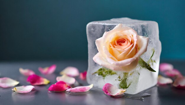 Foto crioterapia belleza cubo de hielo con rosa simboliza el rejuvenecimiento terapia de cuidado de la piel con hielo derretido