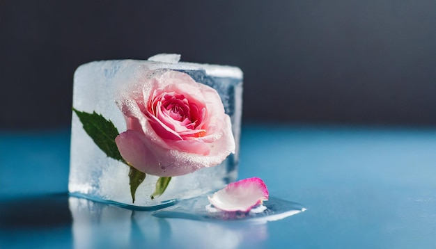 Foto crioterapia belleza cubo de hielo con rosa simboliza el rejuvenecimiento terapia de cuidado de la piel con hielo derretido