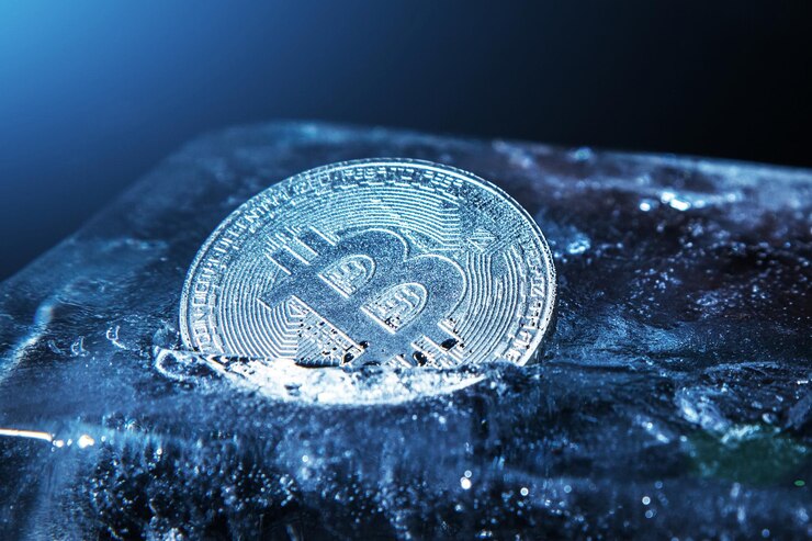 Cripto invierno Bitcoin moneda congelada en hielo azul Bitcoin moneda crypto dinero