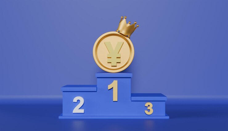 Foto cripto yuan coin no topo do pódio em fundo azul.