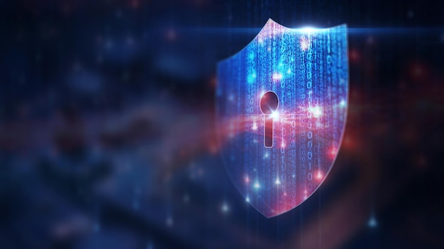 La criptografía cuántica y la criptografía resistente cuántica escudo icono de seguridad cibernética Datos digitales Protección de redes de datos digitales Red global 5G Conexión a Internet de alta velocidad y Big Data