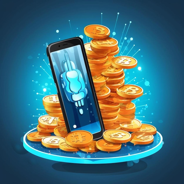 Foto criptomoeda bitcoin com pilha de moedas saem do smartphone