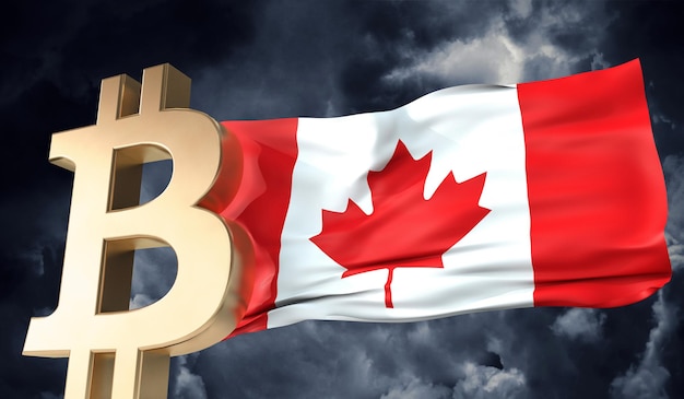 Criptomoeda bitcoin de ouro com uma renderização de bandeira do canadá acenando