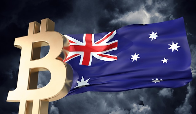 Criptomoeda de bitcoin de ouro com uma renderização de bandeira da austrália acenando