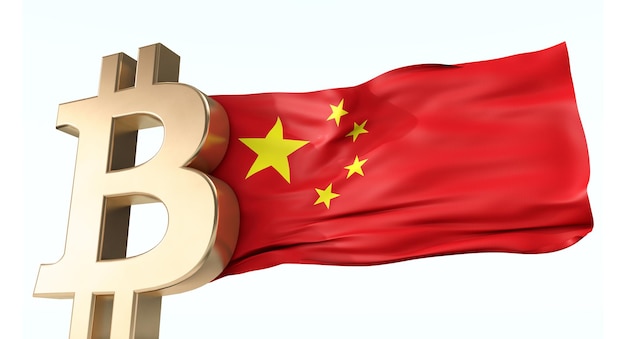 Criptomoeda de bitcoin de ouro com uma renderização em 3D da bandeira da China