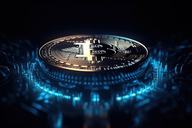 Criptomoeda de moeda bitcoin dourada futurista Visão aproximada IA generativa