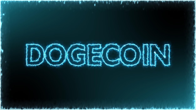 Criptomoeda dogecoin no fogo de energia azul sobre criptomoeda de fundo preto no mercado