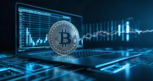 Criptomoeda em ação Bitcoin em um laptop