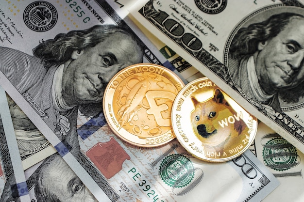Criptomoeda, moedas dogecoin em dinheiro na vista superior em close-up