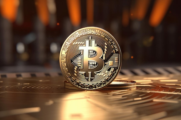 Criptomoeda virtual Golden Bitcoin em fundo de tecnologia Generative ai
