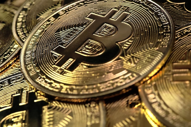 Criptomoneda bitcoin BTC Bit Coin Tecnología Blockchain minería bitcoin Macro tiro de bitcoins giratorios
