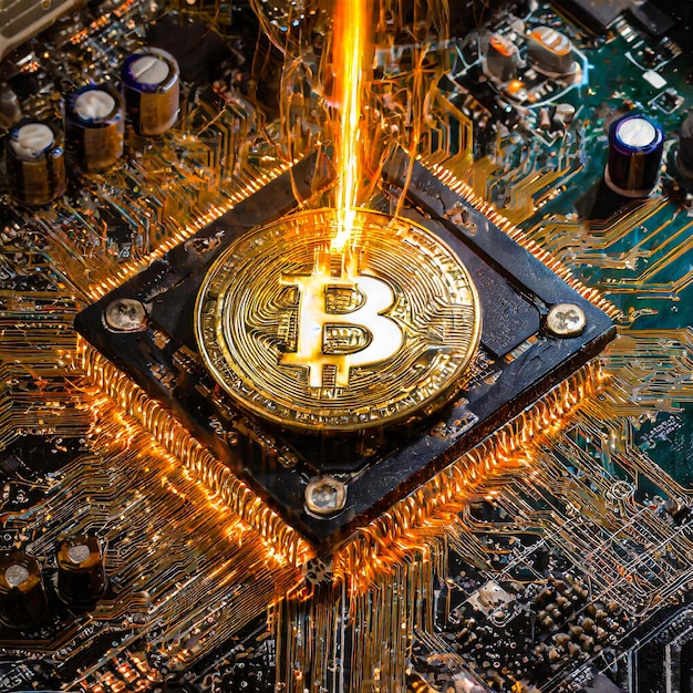 Foto la criptomoneda bitcoin es una onda de choque que arde con electricidad.